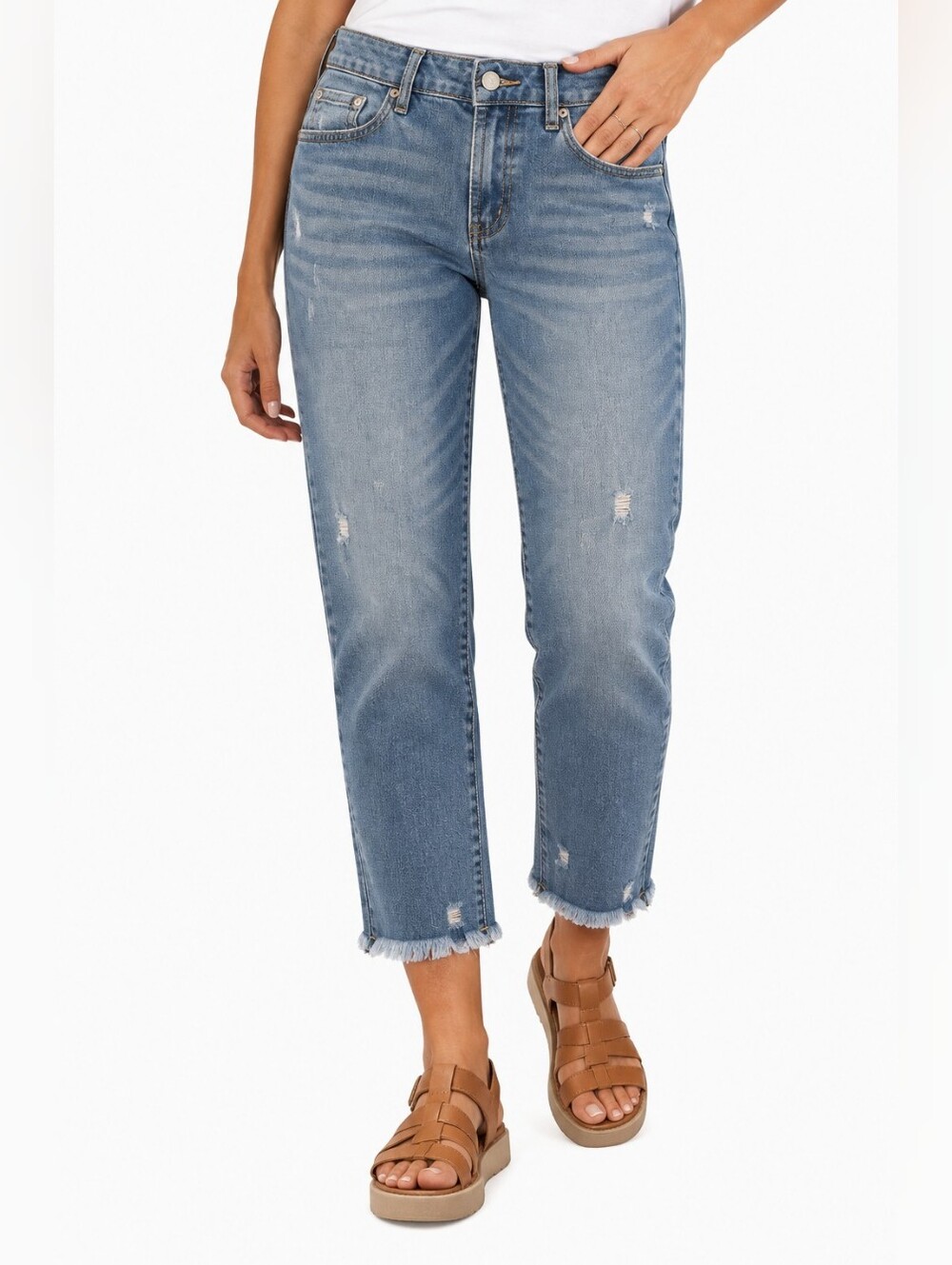 Flamingals Mid Rise Distressed Raw Hem Straight Leg Cropped Summer Pants NWT